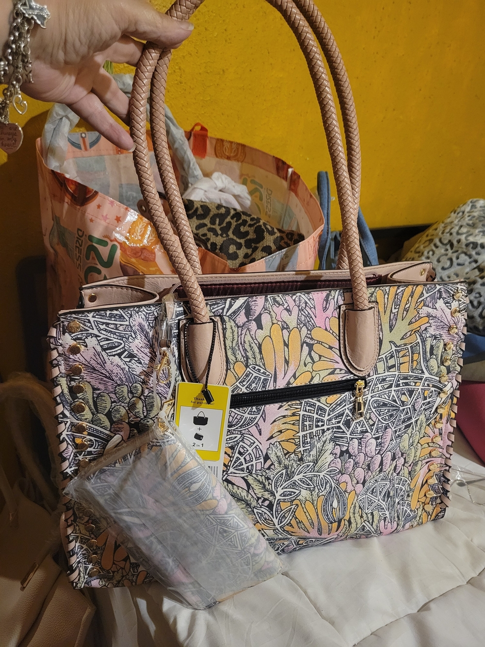 Floral Pattern Pink Tote Bag with Braided Handles